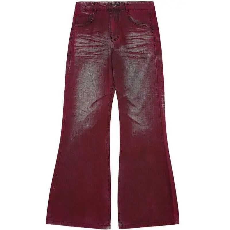 Red American high-street style floor-length jeans with a slight flare.