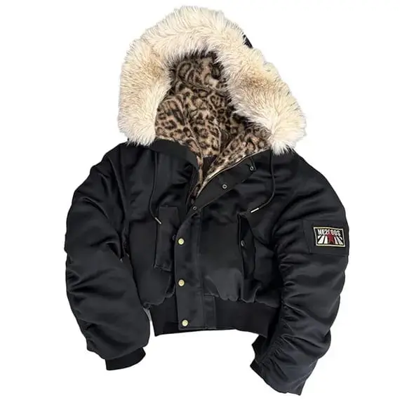 noEmosen Leopard Fur Collar Bomber Jacket
