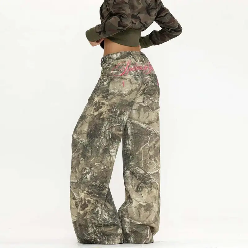 Vintage-style branch-pattern camouflage utility jeans