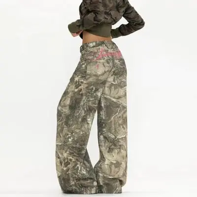 Vintage-style branch-pattern camouflage utility jeans
