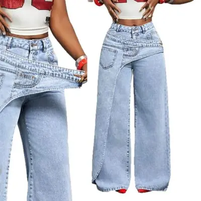 Double-layer crossover-waist wide-leg jeans (2 styles)