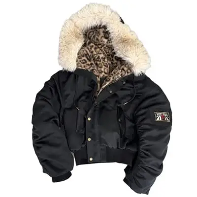 noEmosen Leopard Fur Collar Bomber Jacket